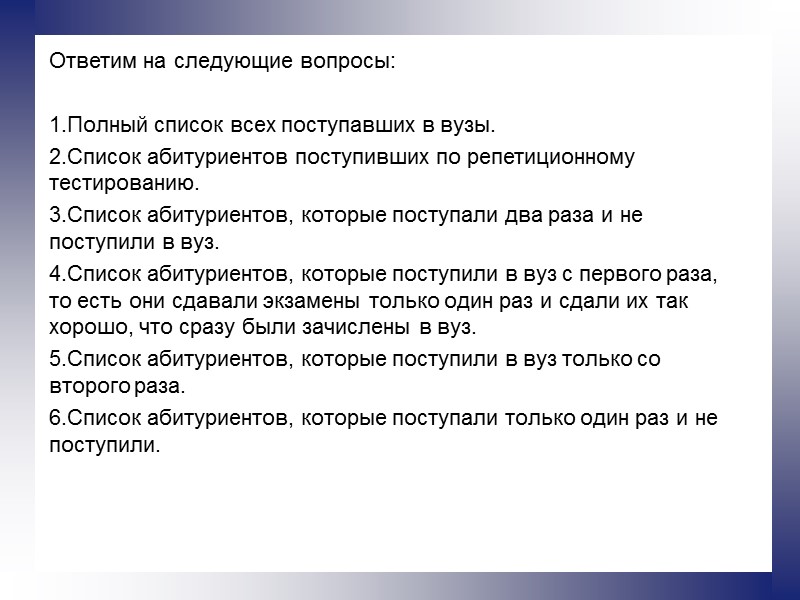 Ответим на следующие вопросы:  Полный список всех поступавших в вузы. Список абитуриентов поступивших